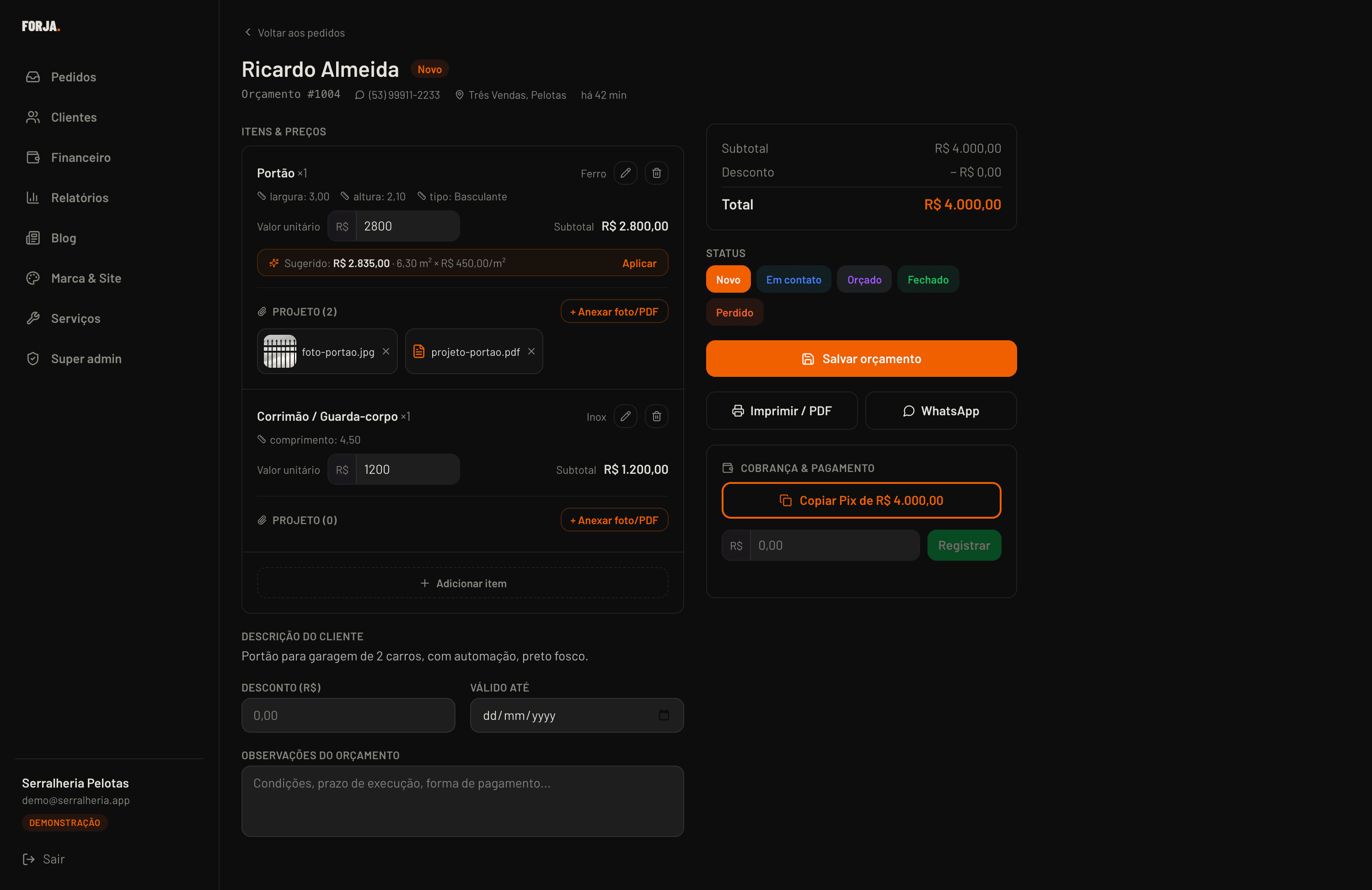 Tela de um orçamento no Forja: itens com medidas, valor sugerido de R$ 2.835 calculado como 6,30 m² × R$ 450/m², anexos do projeto, total e botão de copiar o Pix.